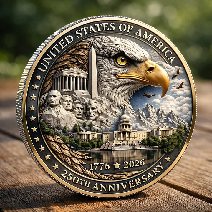 Commemorative coin with bald eagle and American landmarks marking 250th anniversary