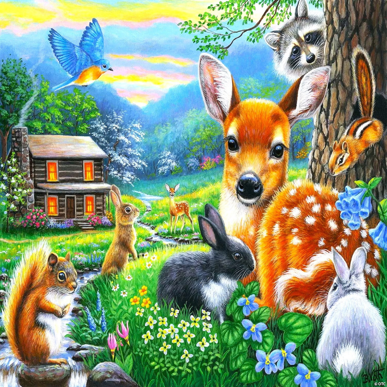 Woodland animals including deer fawn, rabbits, and squirrel in spring meadow with cabin and rainbow