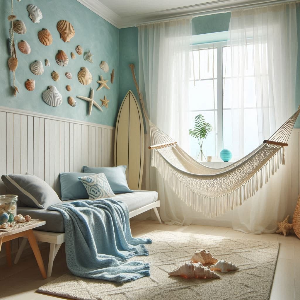 Beach-themed room interior with shell wall decor, sofa, surfboard, and hammock by a sunlit window