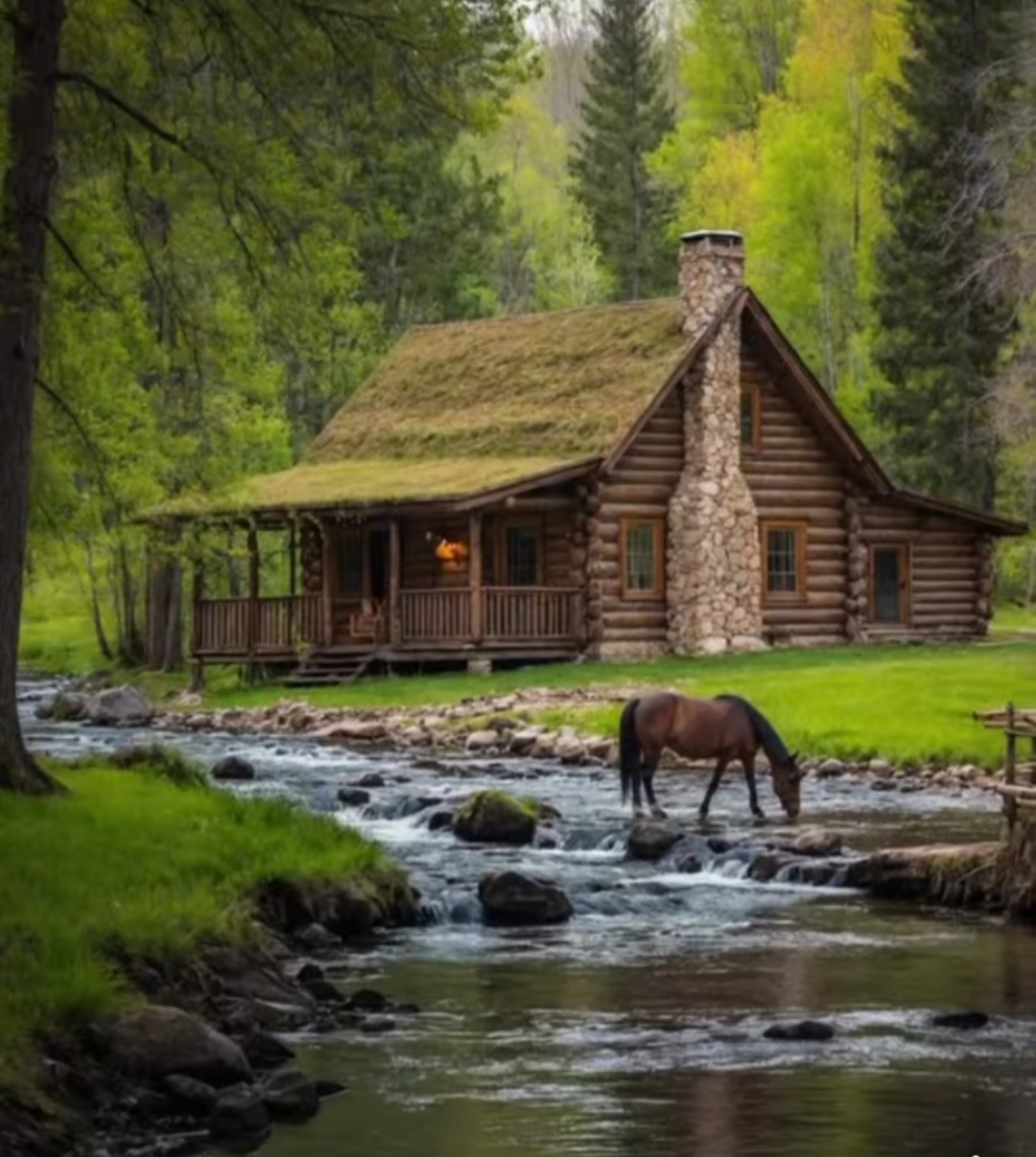 Rustic log cabin with moss roof beside a stream where a horse drinks, surrounded by green forest