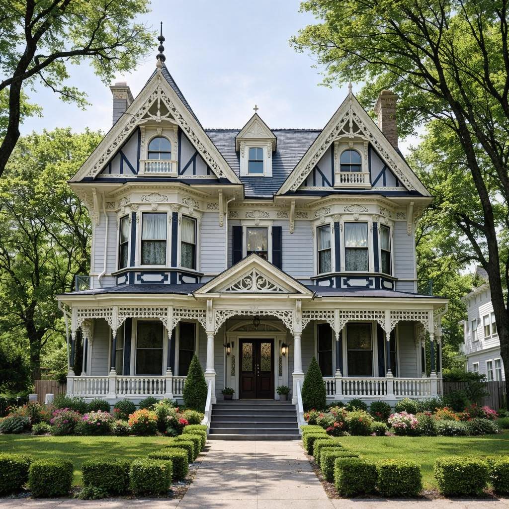 White Victorian mansion with ornate porch and decorative trim surrounded by green lawn and trees