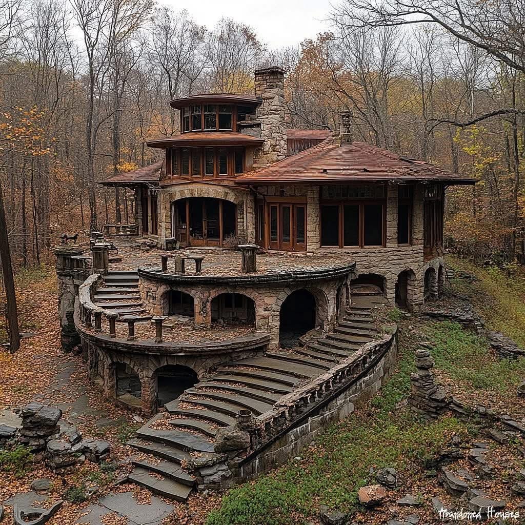 Stone castle-like building with turrets and curved staircases surrounded by autumn forest