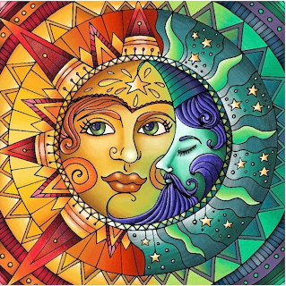 Decorative sun and moon face art with geometric patterns and stars in vibrant colors