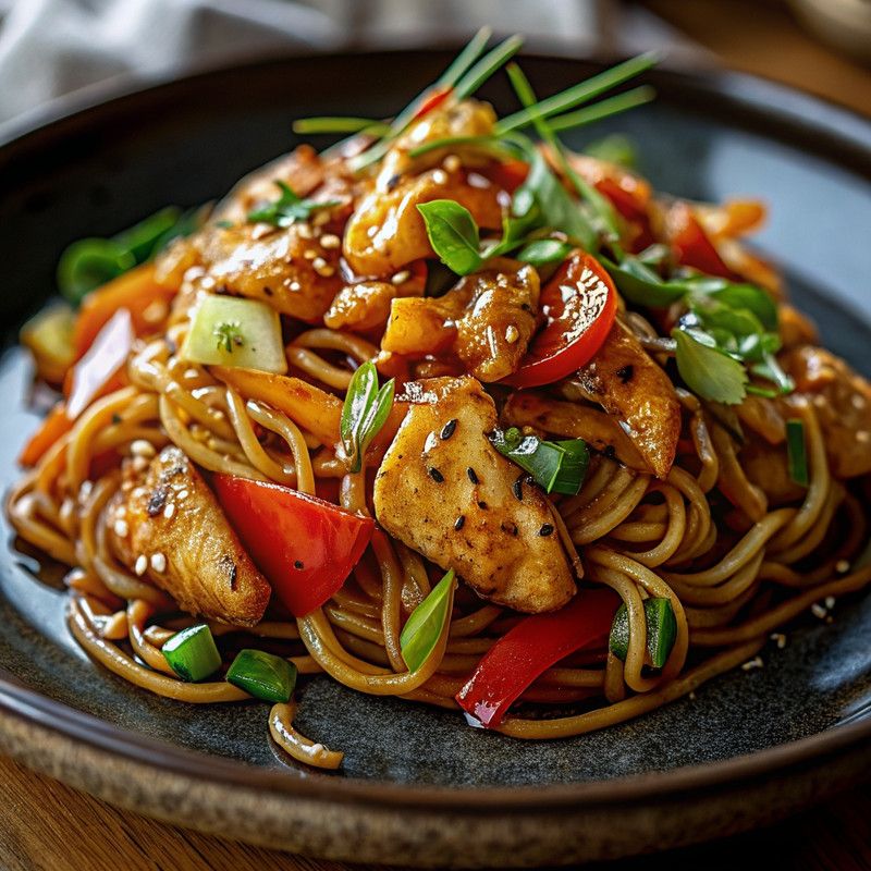 Chicken chow mein with noodles, vegetables, and sesame seeds on a dark plate