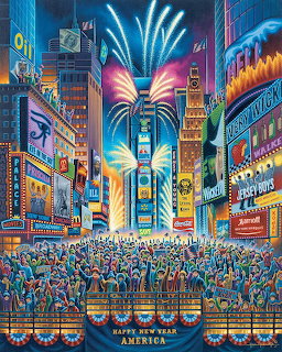Colorful illustration of Times Square crowded with people celebrating New Year's Eve with fireworks overhead