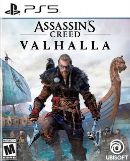 Assassin's Creed Valhalla PS5 game cover showing a Viking warrior holding two axes with longships behind