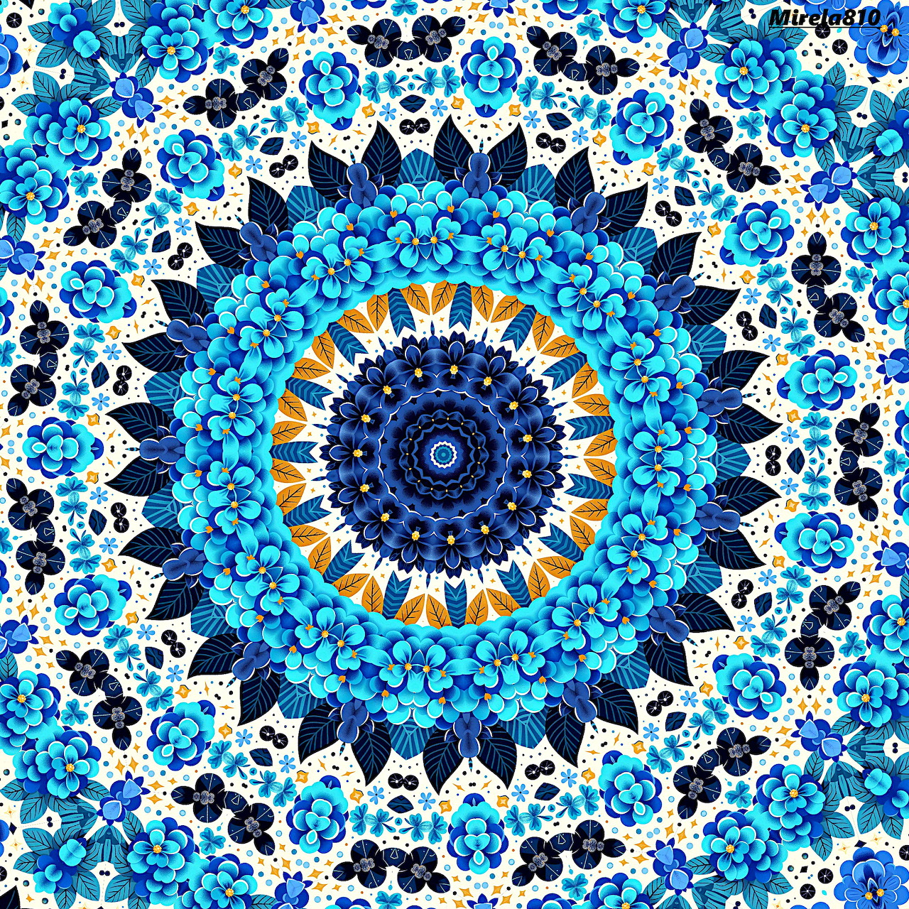 Circular blue and gold mandala with symmetric floral patterns and ornate geometric design