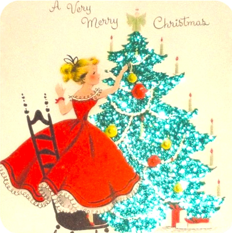 Vintage Christmas card showing a woman in a red dress decorating a blue Christmas tree