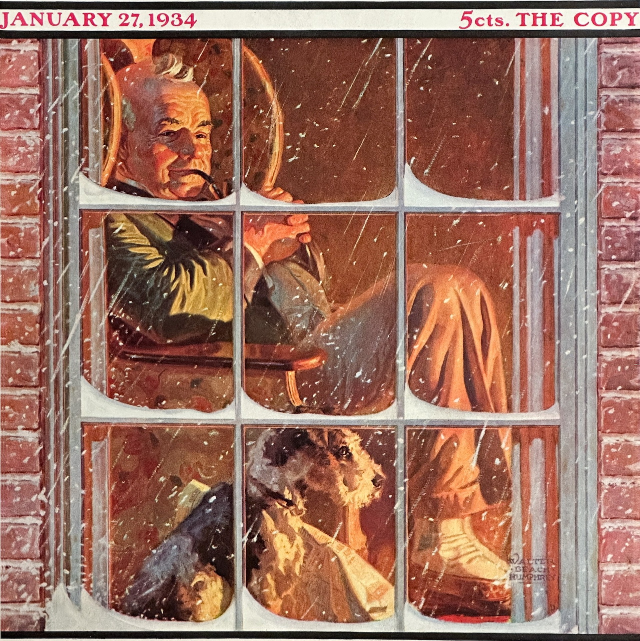 Woman and child gazing through snowy window panes in vintage 1934 illustration