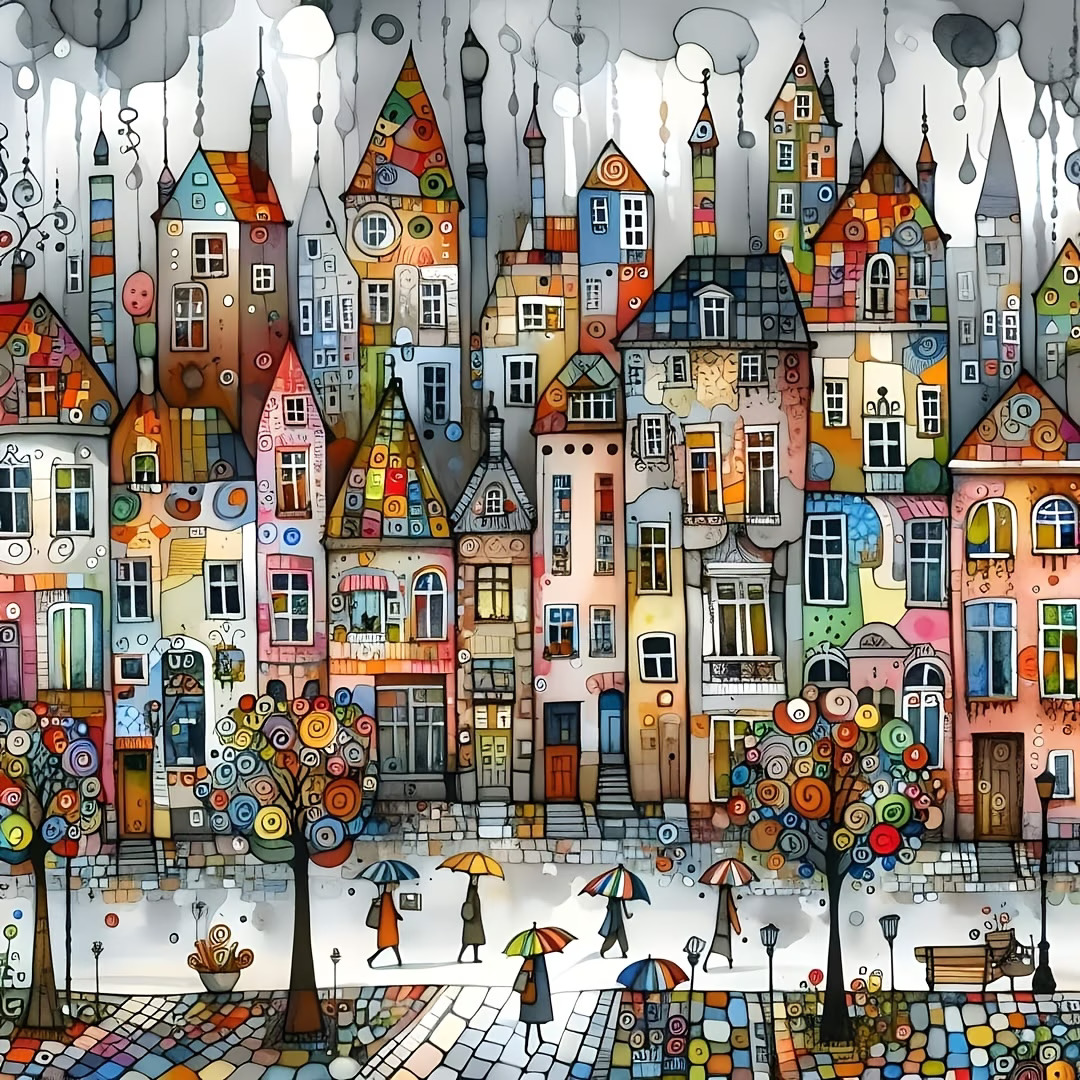 Whimsical illustration of colorful tall houses lining a European city street with small people and trees