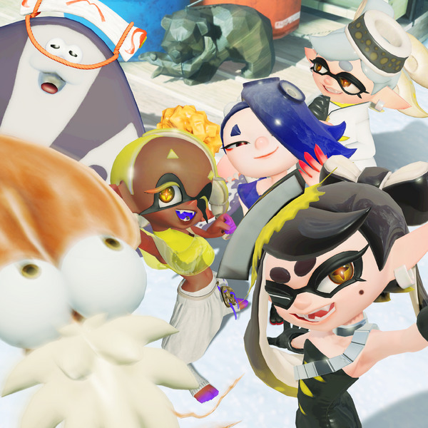 Colorful Splatoon-style characters gathered in a playful group illustration