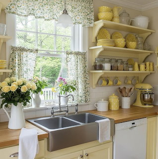 Cozy yellow cottage kitchen with farmhouse sink, floral curtains, open shelves, and flowers by the window