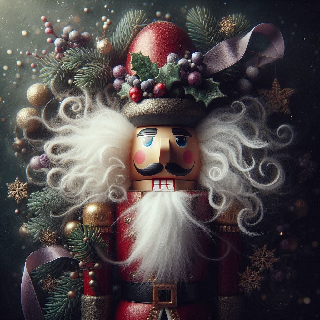Festive nutcracker with white beard, holly, pine branches, and ornaments on a dark background