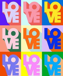 Nine colorful pop art squares each featuring the word LOVE with a heart replacing the O