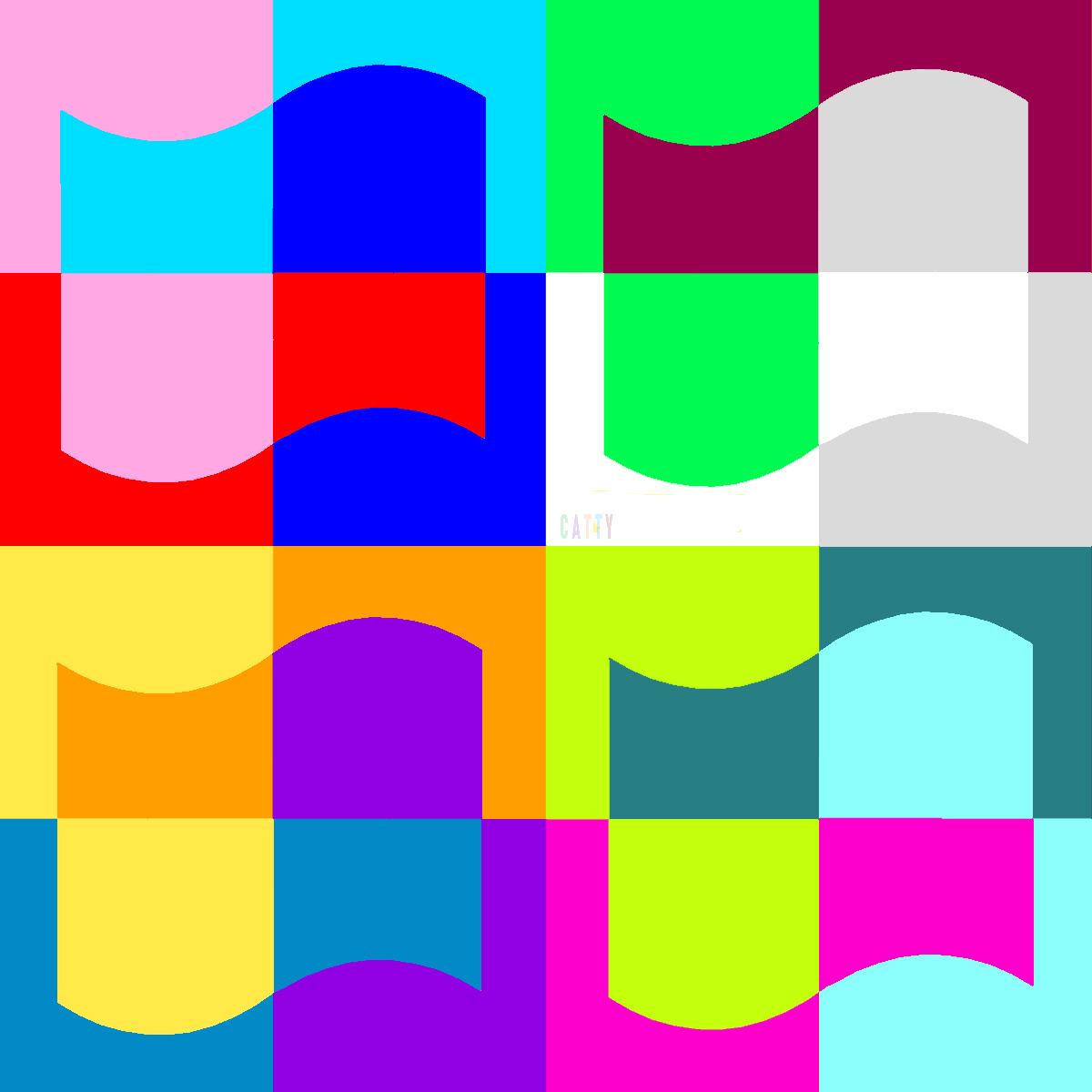 Abstract grid of colorful squares with overlapping curved shapes in bright rainbow colors