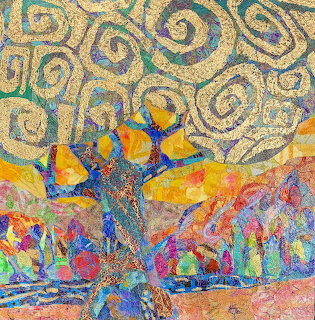Mosaic art of a tree with golden leaves and swirling sky pattern in blue, green, and warm tones