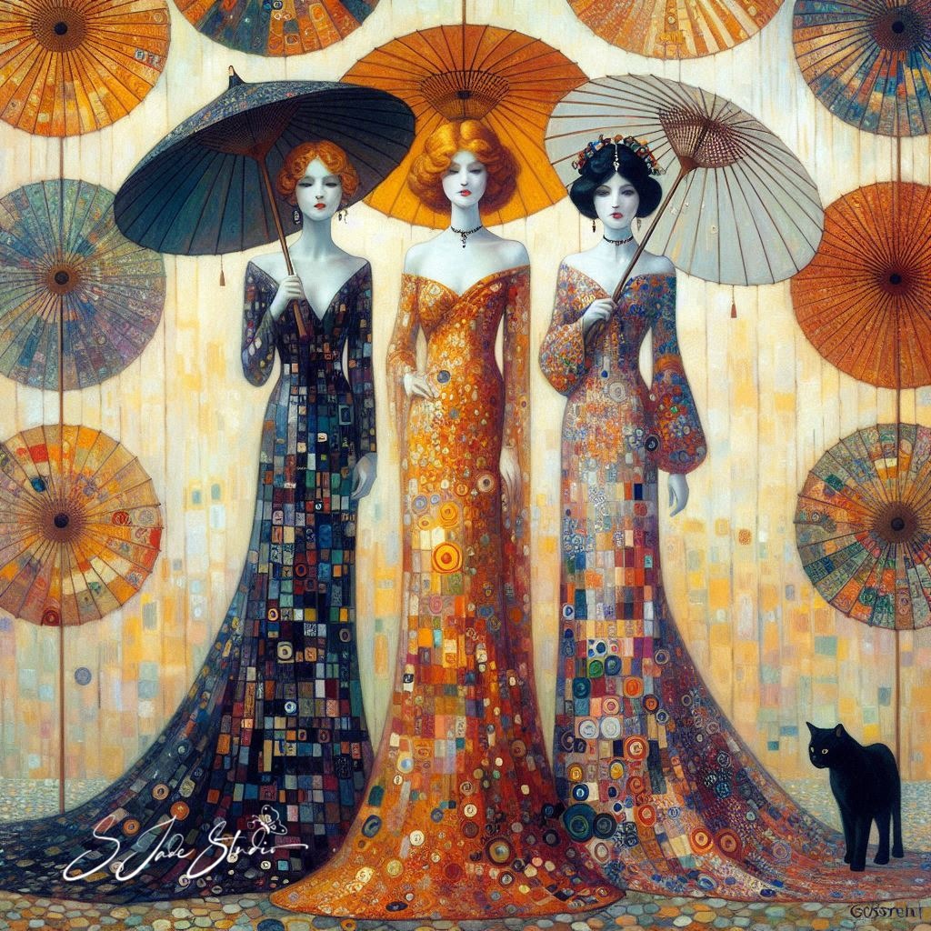 Three geishas in colorful kimonos holding parasols with decorative umbrellas in background and black cat