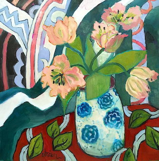 Colorful painting of flowers in decorative vase with patterned background
