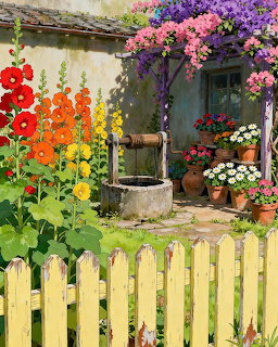 Vibrant cottage garden with rainbow hollyhocks, potted flowers, stone well, and yellow fence