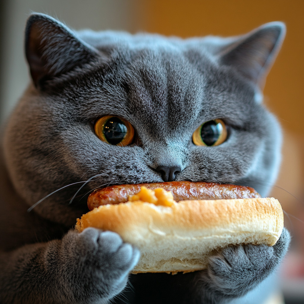 Gray cat with amber eyes holding a sausage sandwich