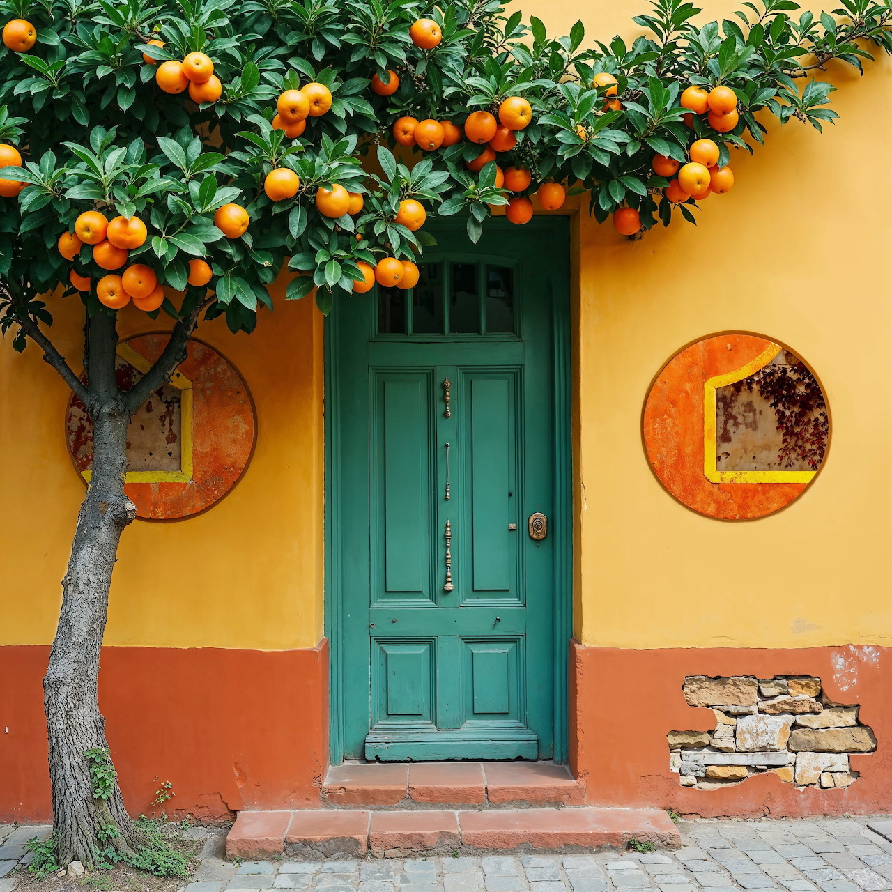 Turquoise door in bright yellow wall with orange tree and circular wall art