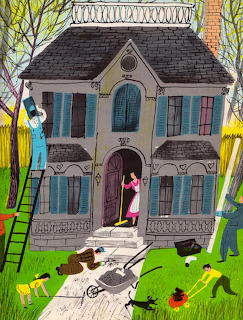 Illustrated cottage with dark roof, figure in doorway, autumn trees and yellow flowers lining stone path