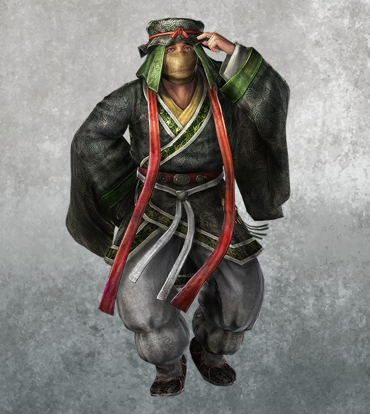 Pang Tong character art from Dynasty Warriors 3, a robed figure with green hat and red sash