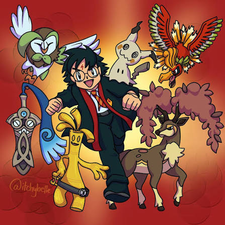 Boy in wizard outfit surrounded by six Pokemon characters including owl, bird, fox, and dog creatures