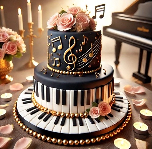 Two-tier black and white piano-themed cake with pink roses, gold musical notes, and candles