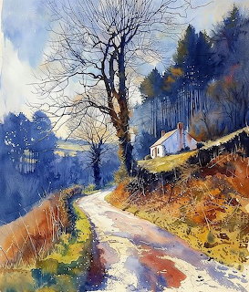 Watercolor painting of a white house on a hill beside a winding dirt path with bare trees and blue forest