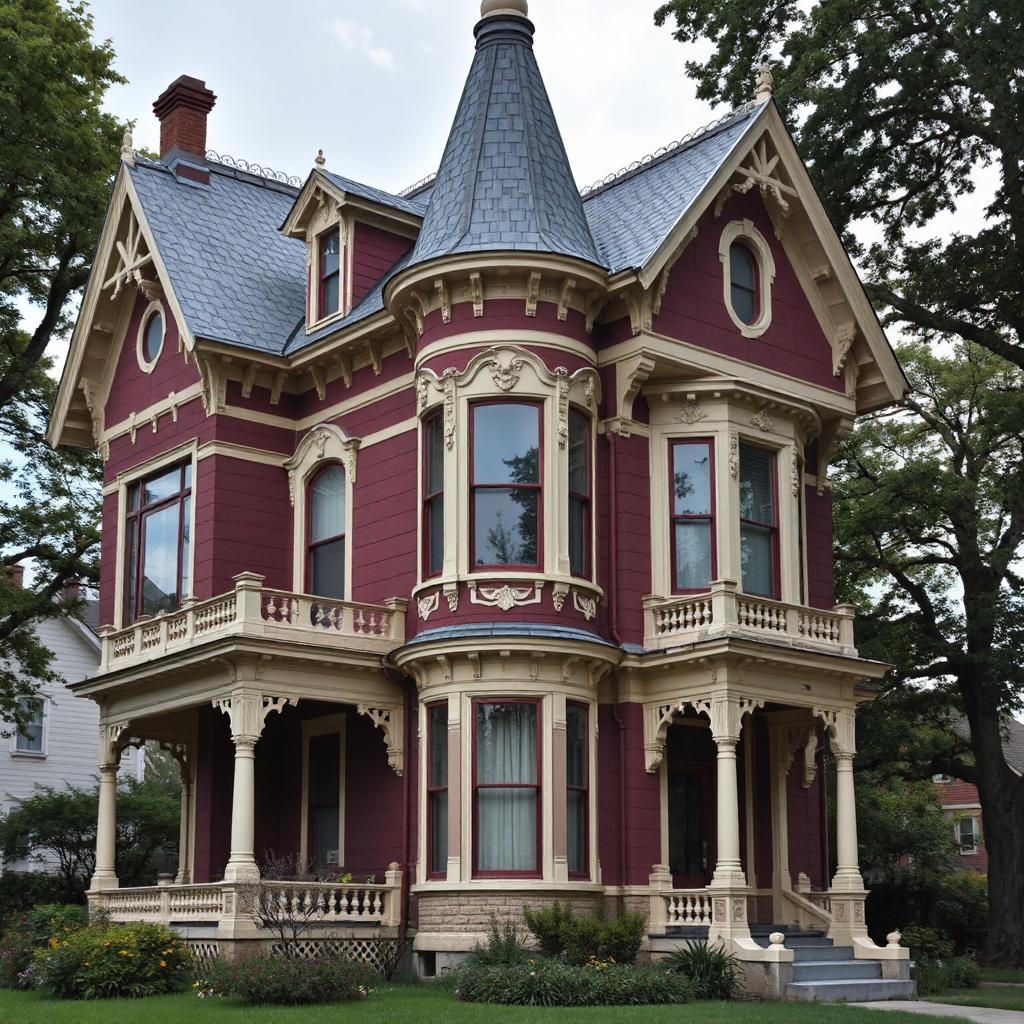 Ornate burgundy Victorian house with turret and wraparound porch
