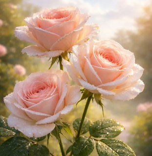 Three pink roses blooming on stems with green leaves against a soft-focus garden background in golden light
