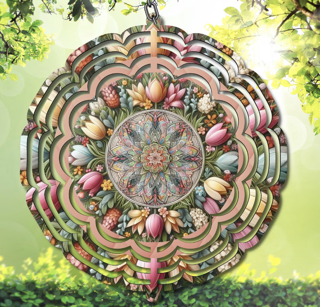 Circular mandala with layered tulips in pink, yellow, and red rings around ornate center on nature background
