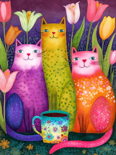 Three colorful decorative cats surrounded by pink and yellow tulips with a floral mug