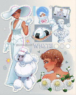 Illustrated collage of a woman in white dress, white poodle, daisies, snow globe, and white-themed items