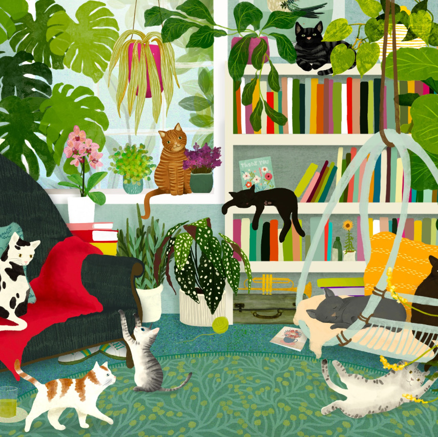 Illustration of cats relaxing in a plant-filled room with bookshelves and colorful decor