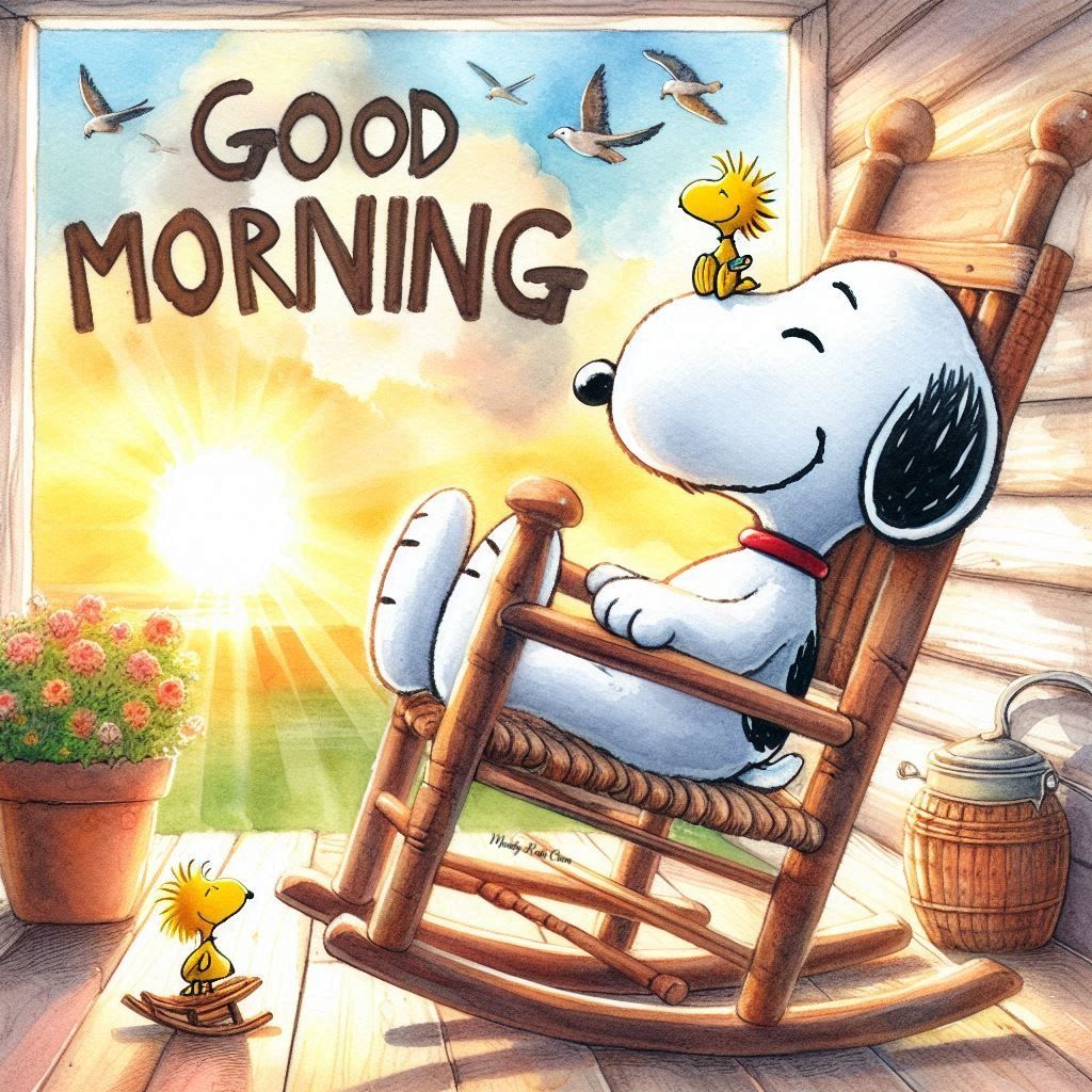 Snoopy in a rocking chair by a sunny window with Woodstock and the words GOOD MORNING