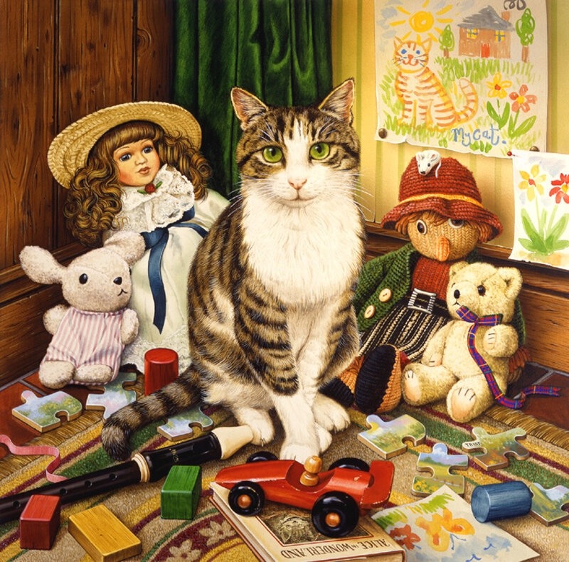 Tabby cat sitting surrounded by vintage toys and dolls on wooden surface