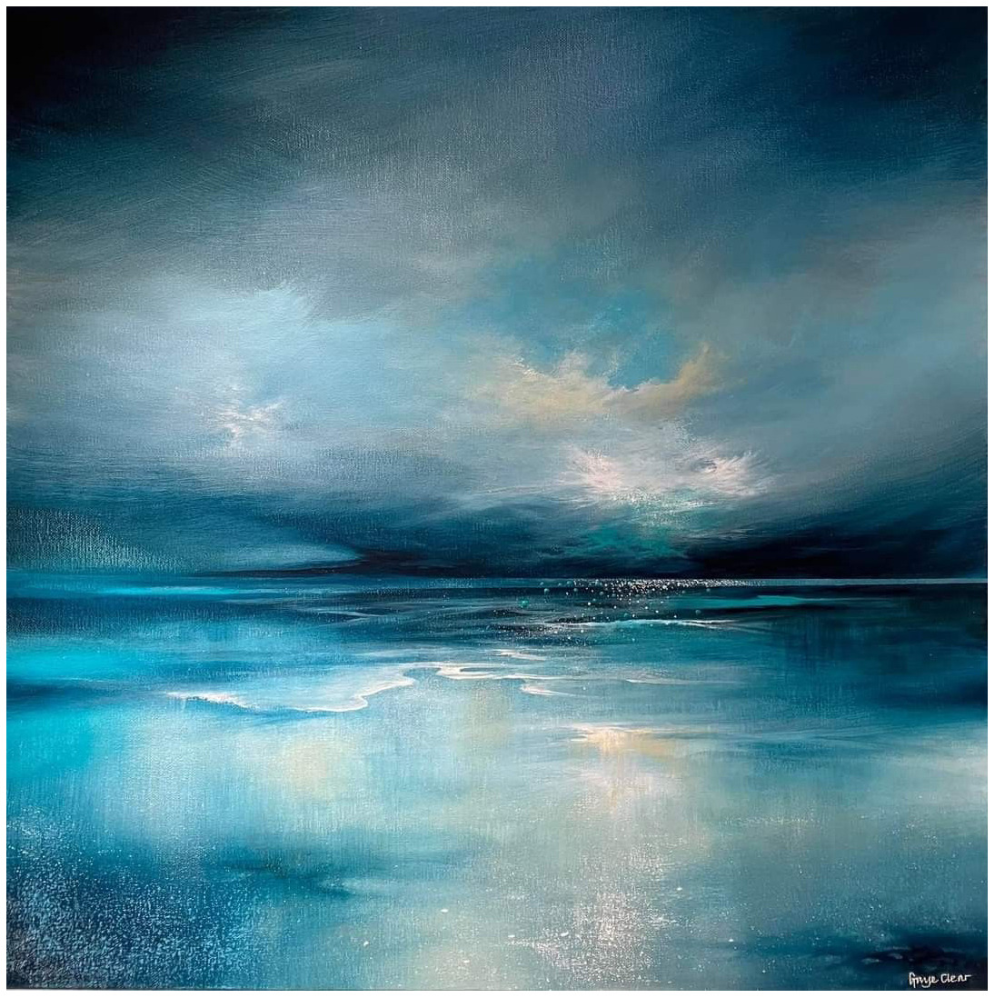 Abstract painting of dark cloudy sky over calm turquoise ocean with atmospheric reflections