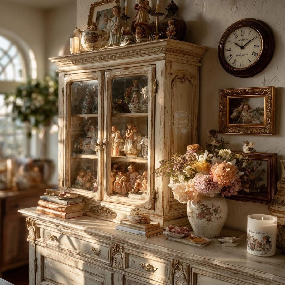 Vintage cream display cabinet with figurines, flowers in a vase, wall clock, and framed pictures in a cozy interior