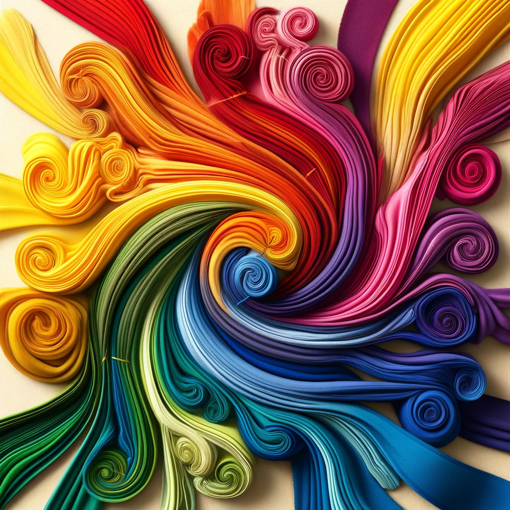 Colorful paper quilling swirl with rainbow ribbons curling outward in spiral pattern