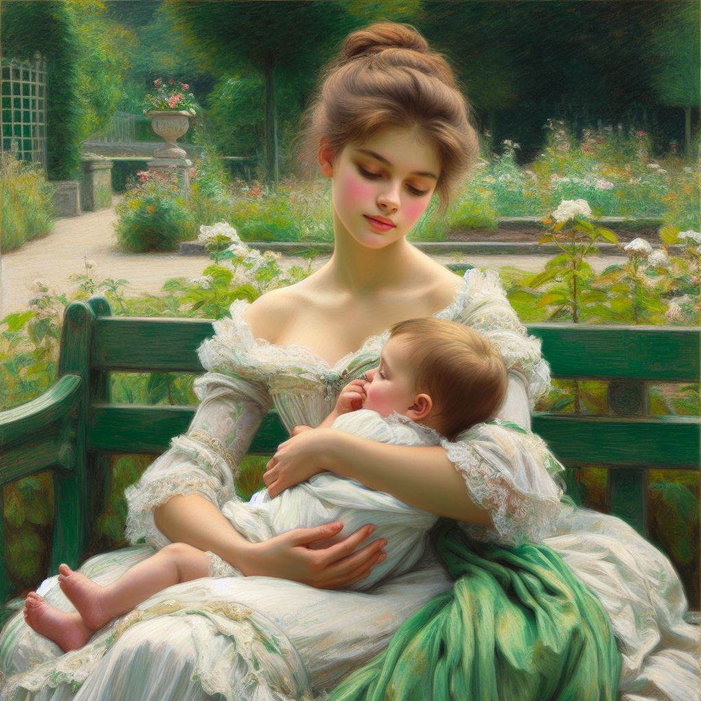 Oil painting of mother in white dress cradling baby on garden bench with flowering plants in background