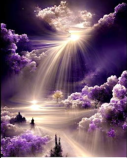 Purple fantasy landscape with sun rays, misty water, clouds, and lavender trees