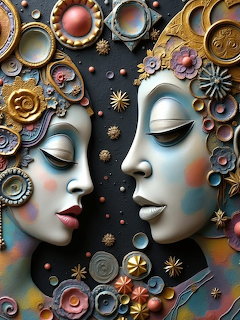 Two sculpted female faces facing each other surrounded by colorful ornamental circles and flowers