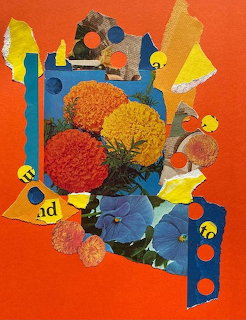 Colorful paper collage with flowers, geometric shapes and mixed media elements on bright orange background