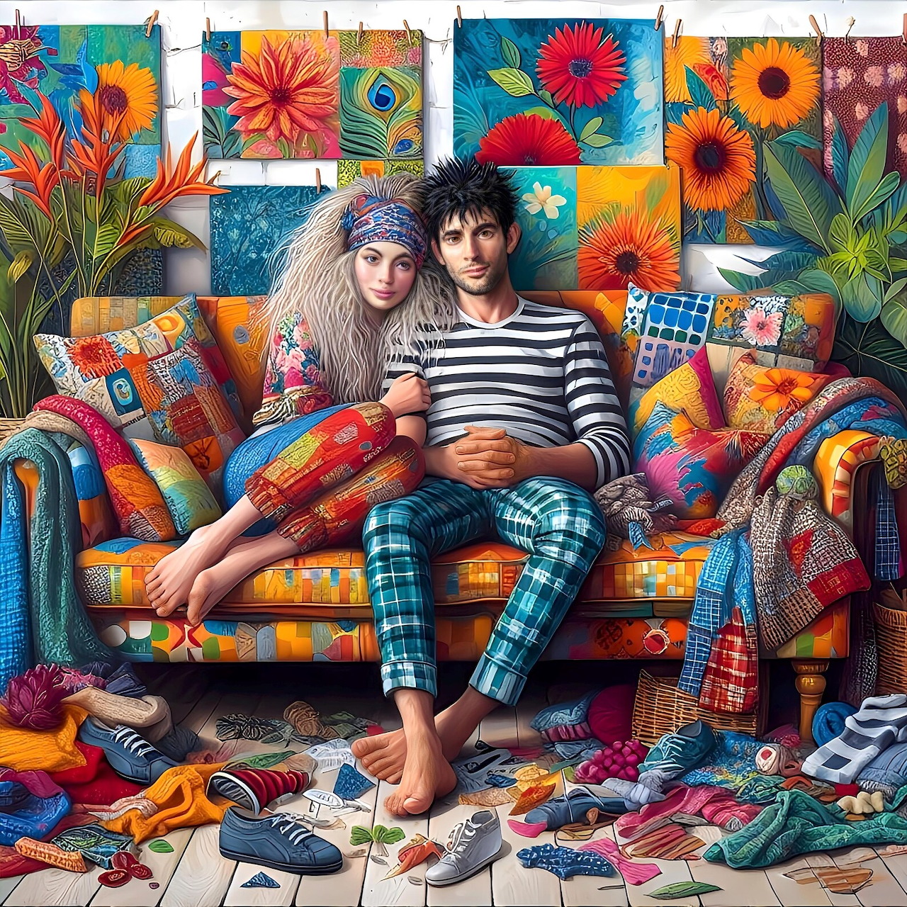 Couple relaxing on multicolored patchwork couch with floral wall art and colorful decor