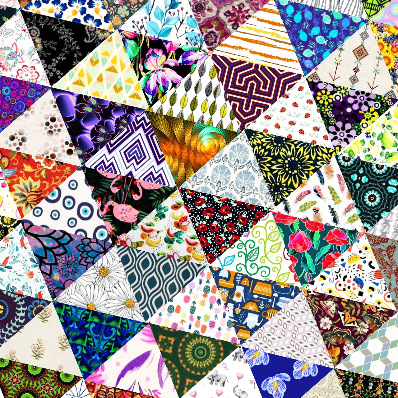 Colorful patchwork quilt made of triangular fabric pieces with various patterns and designs