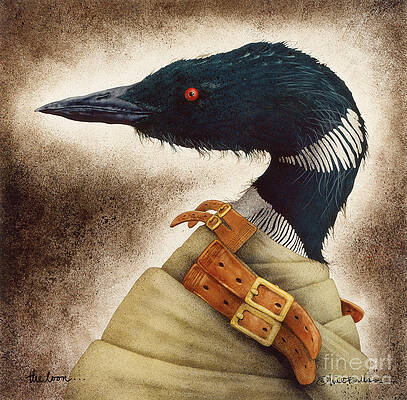 Loon bird head wearing vintage beige coat with leather buckle straps on textured background