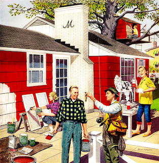 Vintage illustration showing family painting red and white house with ladder and supplies in sunny yard