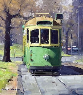 Impressionist painting of a green vintage tram on a tree-lined urban street